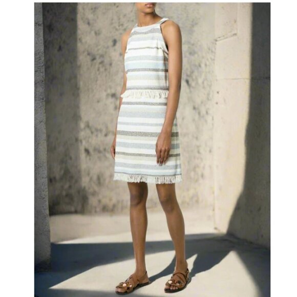 Tory Burch Mini Fringed Boho Dress 10 Ivory Sleeveless Cotton Sheath Stripe - Picture 4 of 8